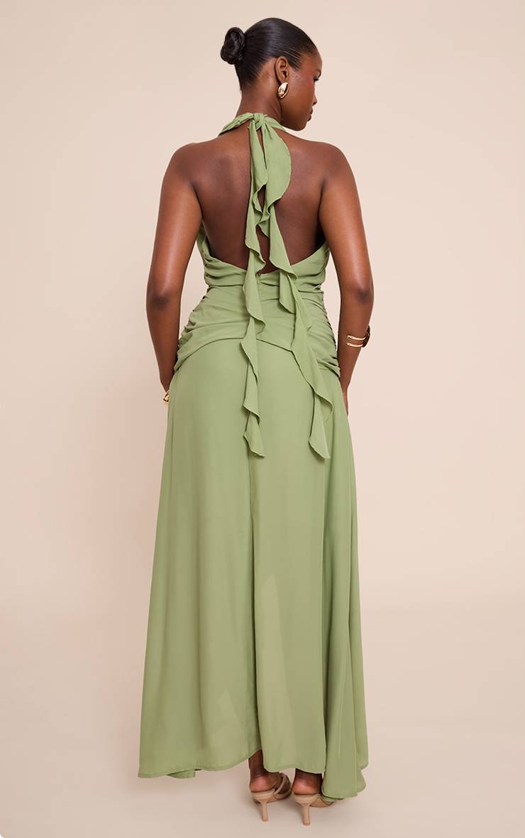 Vert Sauge Robe Longue En Mousseline À Décolleté Plongeant Avec Détails De Finition