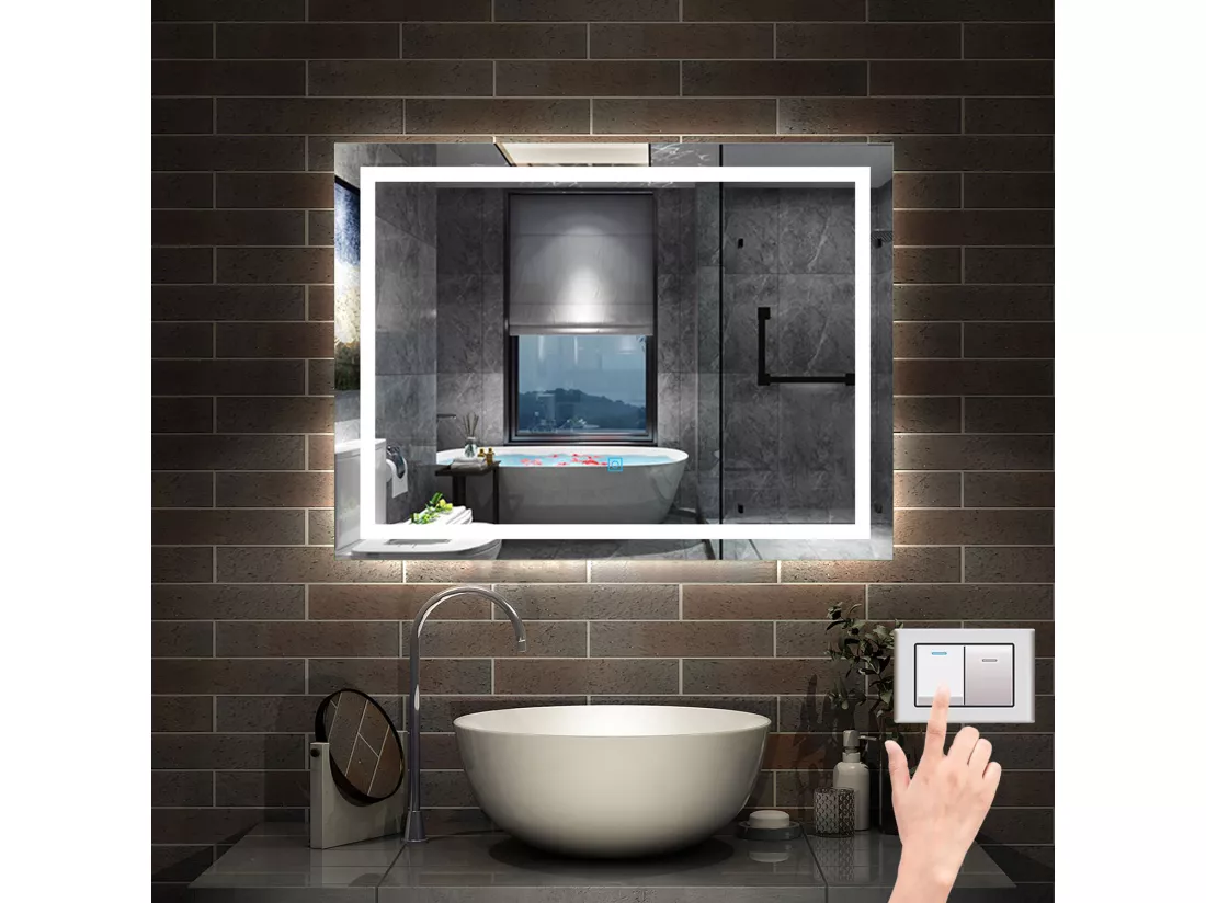 AICA Miroir LED Salle de Bain 100x60cm Dimmable avec 3 couleurs， Anti-Buée et Fonction Mémoire