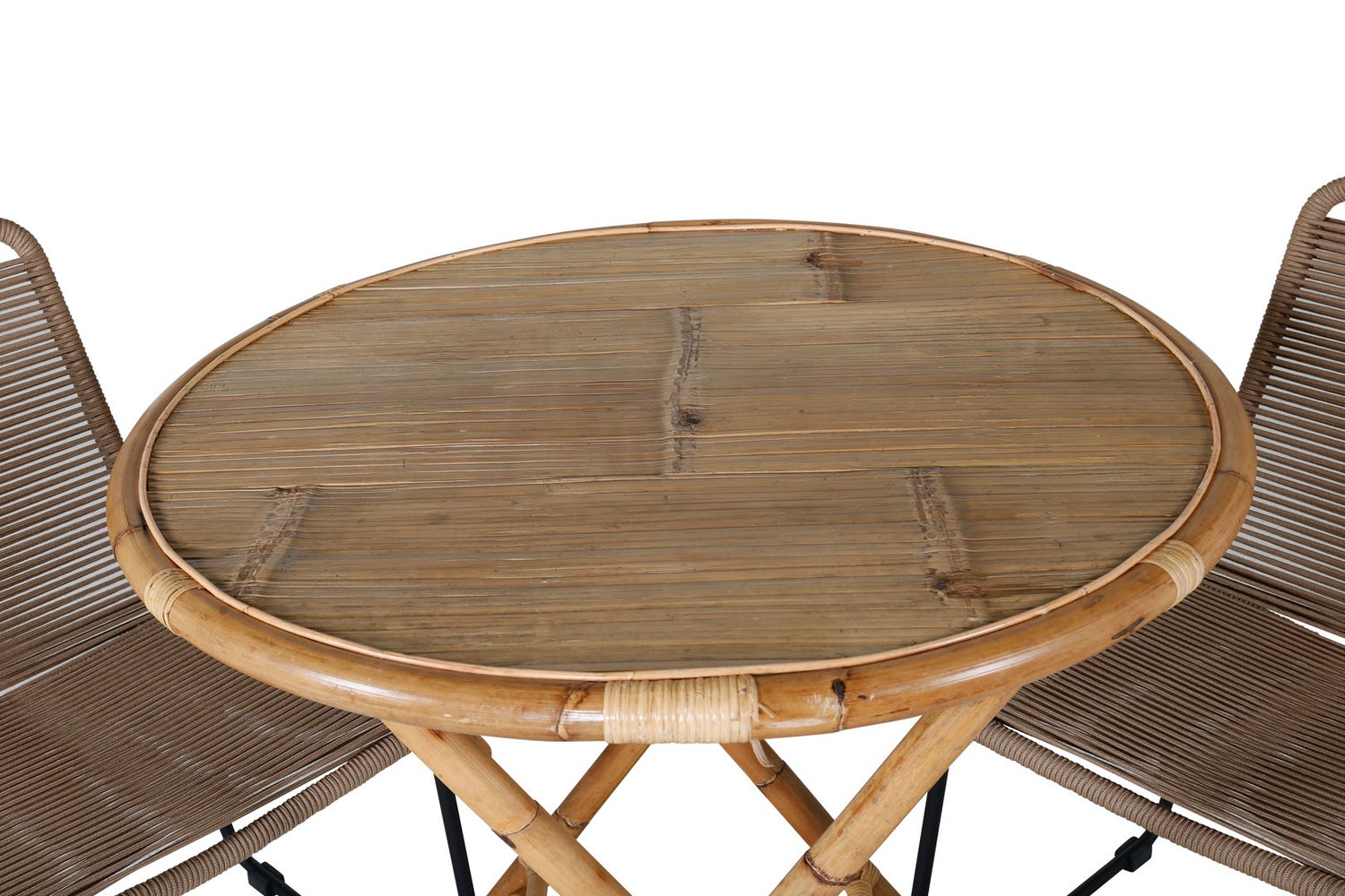 Tuinset van riet, tafel Ø80cm en 2 stoelen L Lindos, zwart, naturel. 80 x 80 x 80 cm