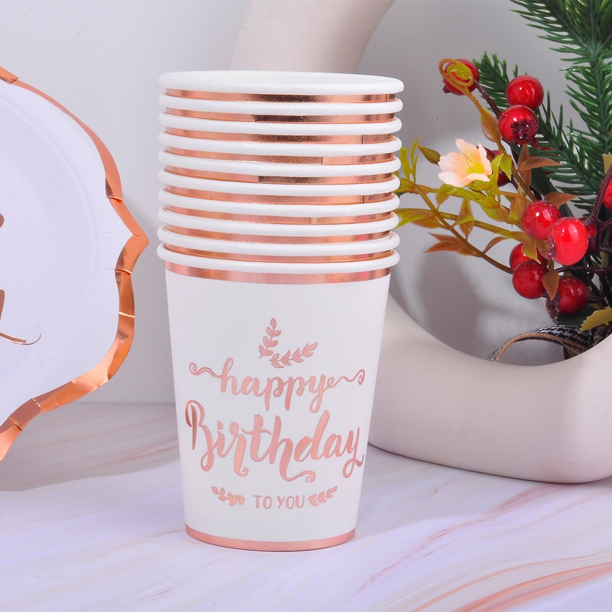 (64-tlg. Set) Happy Birthday Einweg Geschirr Geburtstags Party Tisch Deko inkl. Teller / Servietten / Papp Becher - Weiss / Roségold
