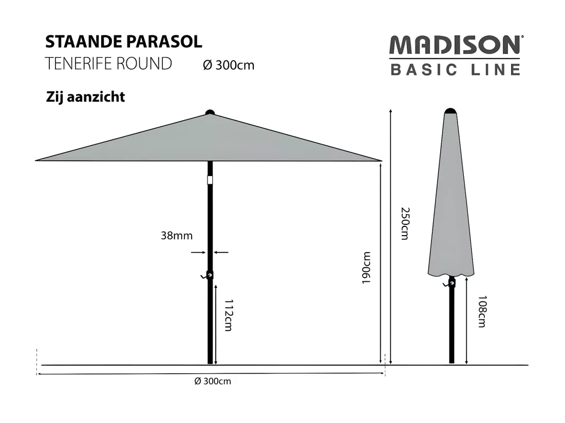 Parasol Tenerife 300 cm Rond Gris