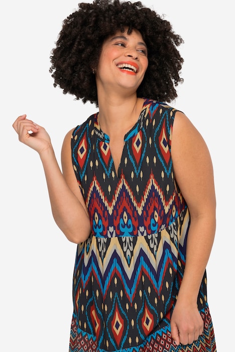 Maxikleid, A-Linie, grafischer Druck, Tunika-Ausschnitt, ärmellos