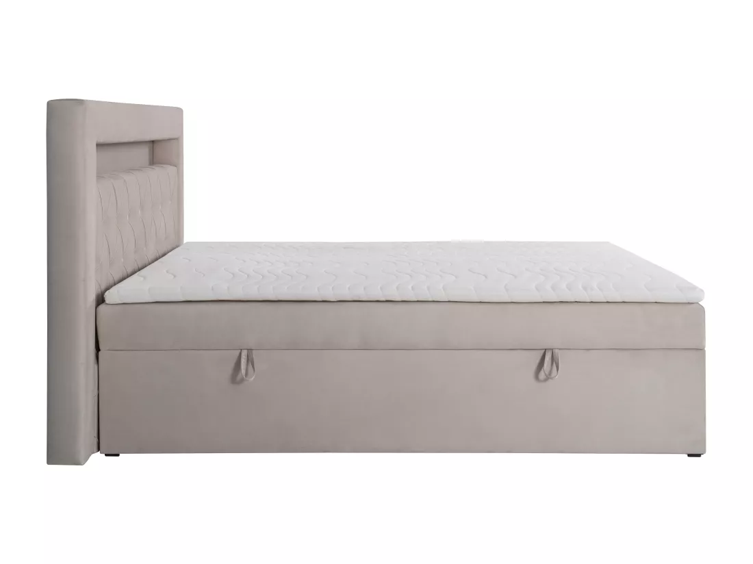Ensemble complet literie déco tête de lit avec led + sommiers coffre + matelas + surmatelas - 160 x 200 cm - Velours - Beige - ORANA de YSMÉE