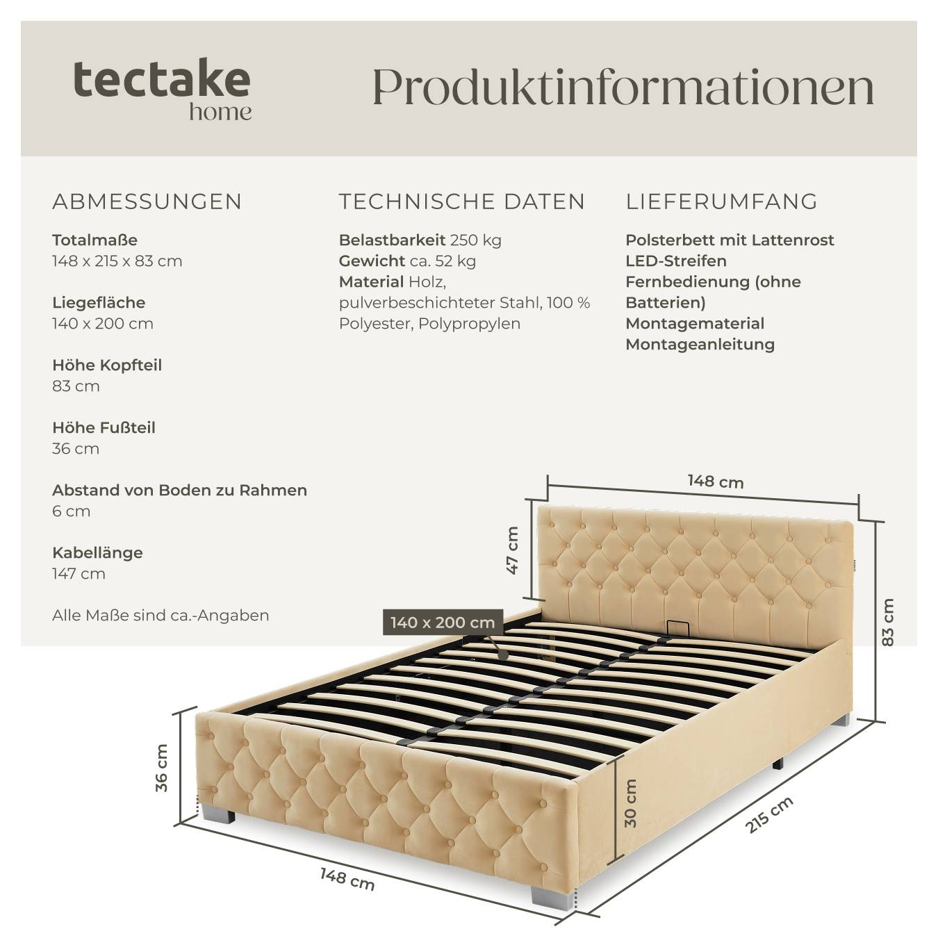 Polsterbett mit LED-Leisten & Stauraum