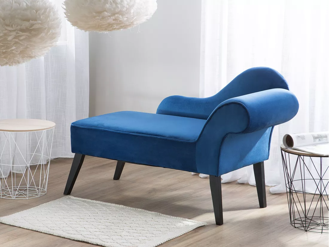 Mini chaise longue en velours bleu côté droit BIARRITZ