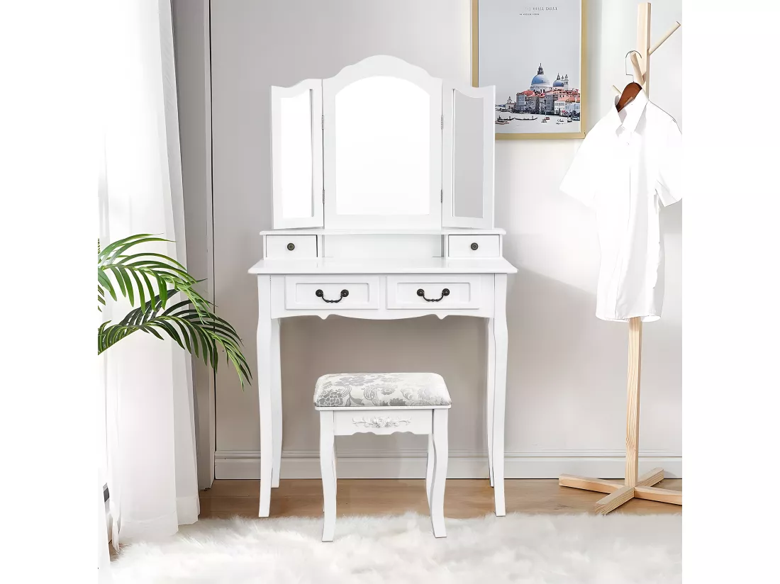 Coiffeuse, avec Tabouret, 3 miroirs, Miroir Pivotant et 4 tiroirs, Idéale pour Enfants et Adultes, Blanc