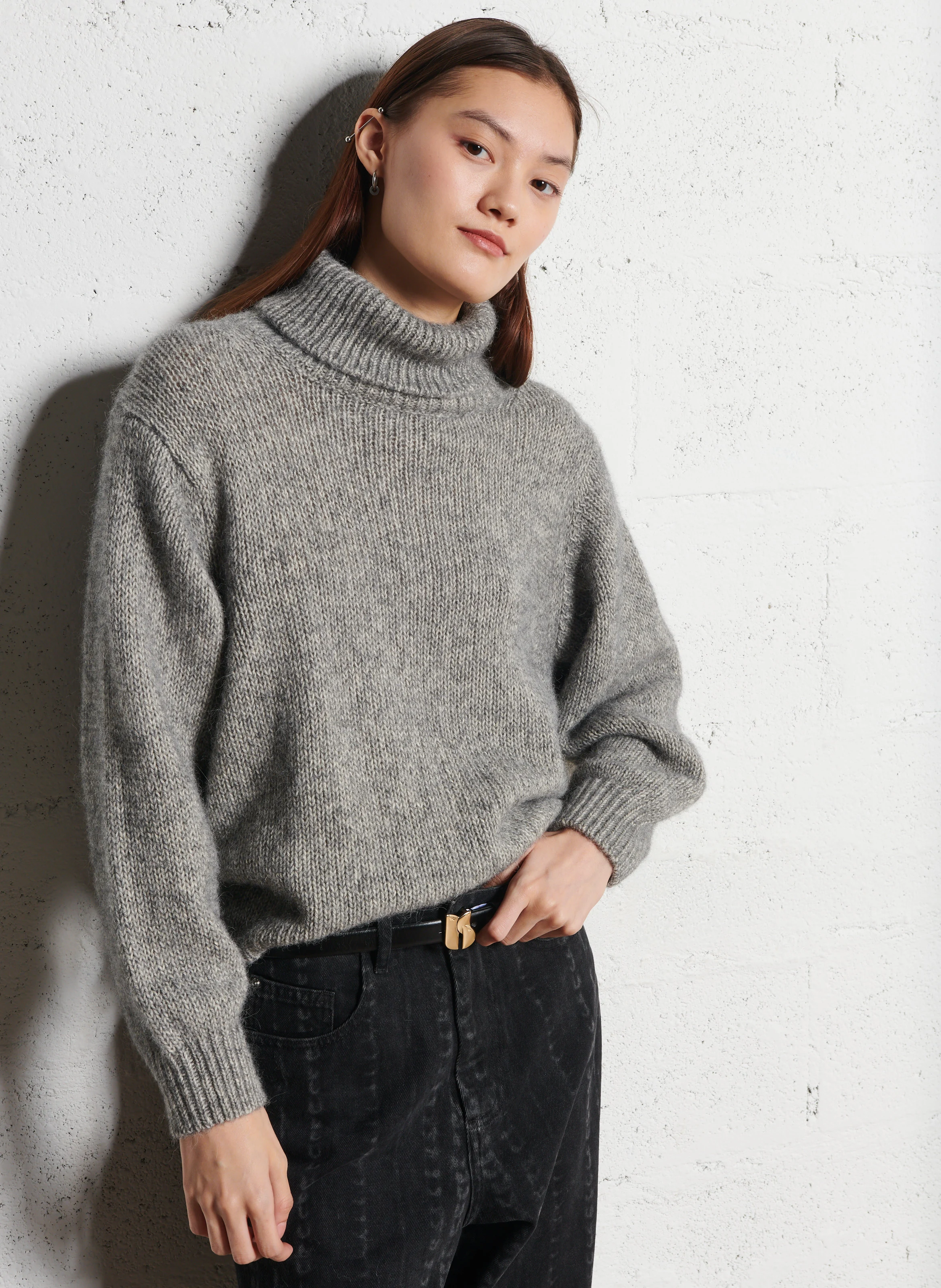 ALOVIE - Pull oversize col roulé en coton mélangé | Gris