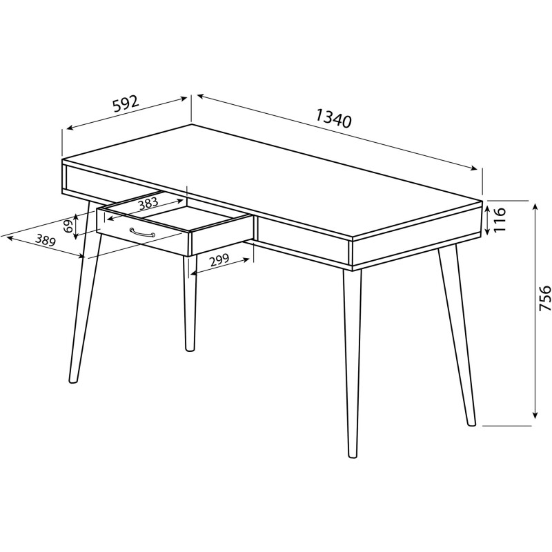 Bureau Horizon chêne clair 134 x 59 cm piètement bois massif avec tiroir