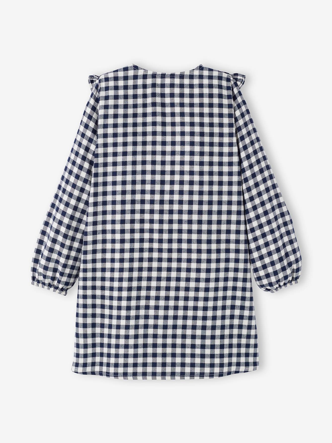 Vestido xadrez com babados para meninas, xadrez azul escuro