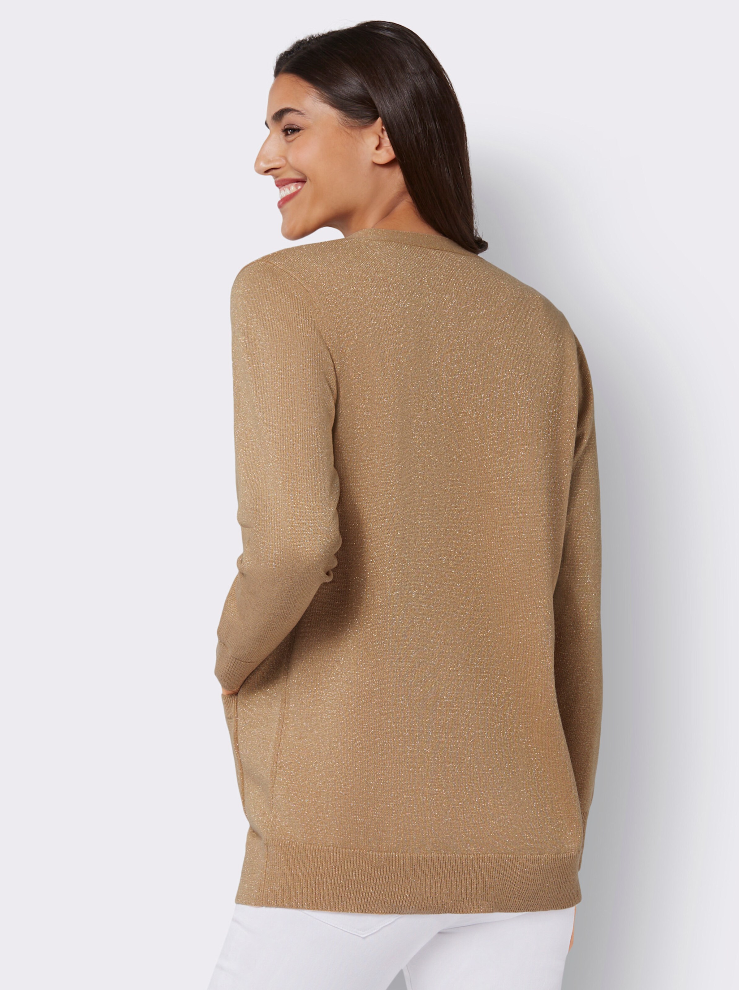 Longstrickjacke mit goldfarbenem Glanzgarn