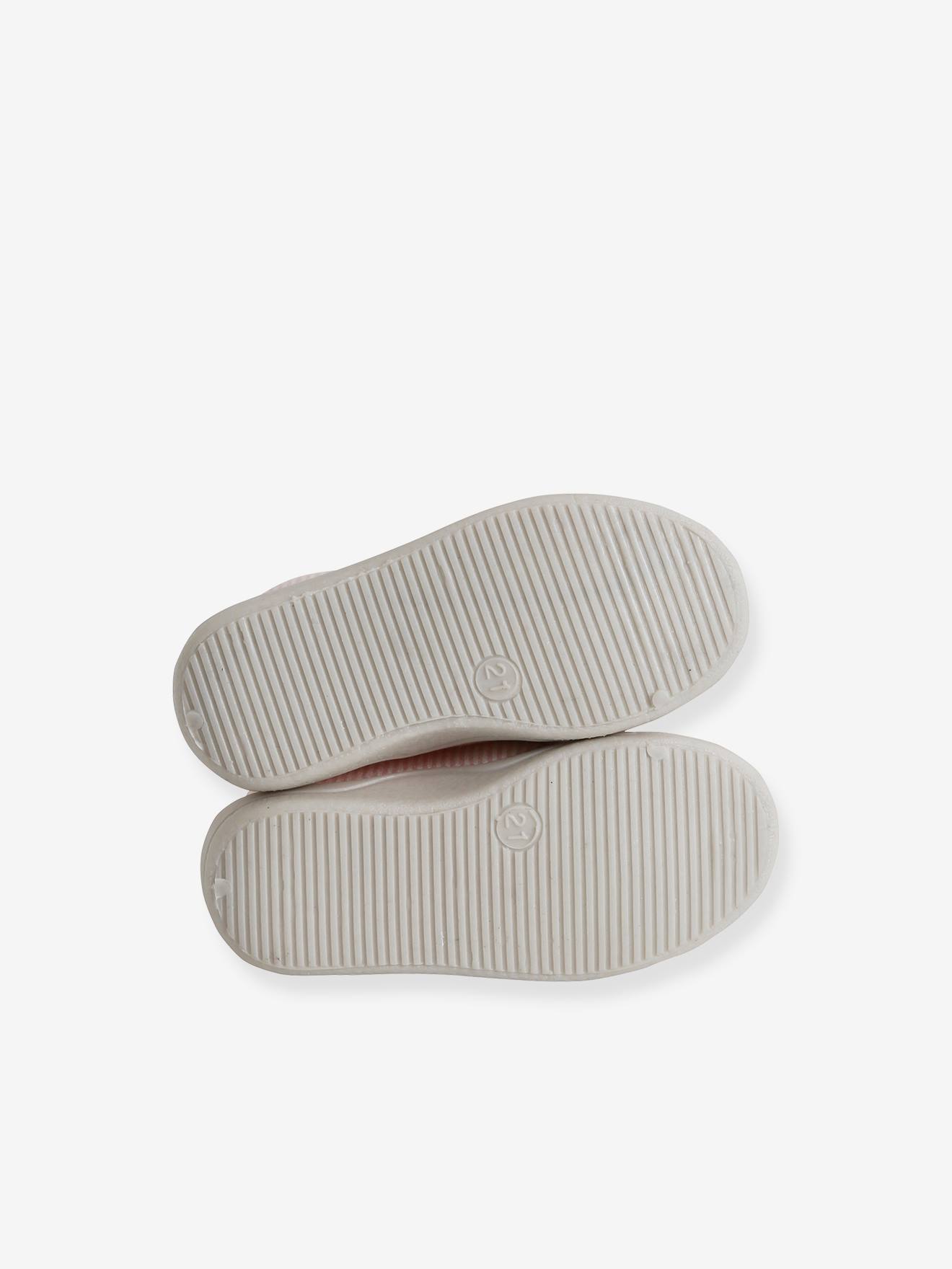 Pantufas de casa de lona listrada rosa para bebê com zíper.