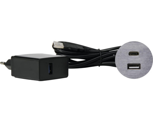 VersaPick USB installatiekit, rond aluminium, 1x USB-A / 1x USB-C poort, kleur roestvrij staal