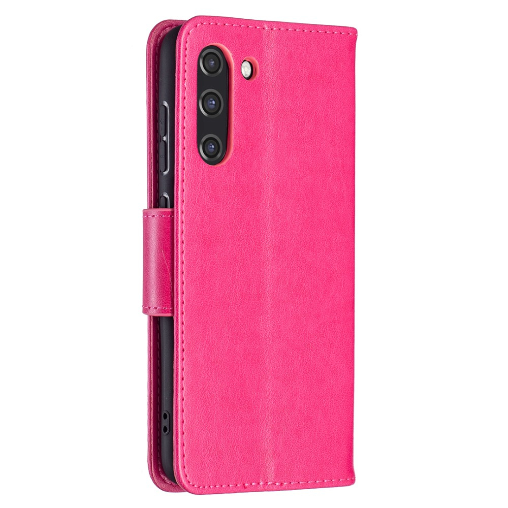 Samsung Galaxy S21 FE 5G Leder Tasche mit Kartenfach   Handschlaufe Schmetterling - Pink