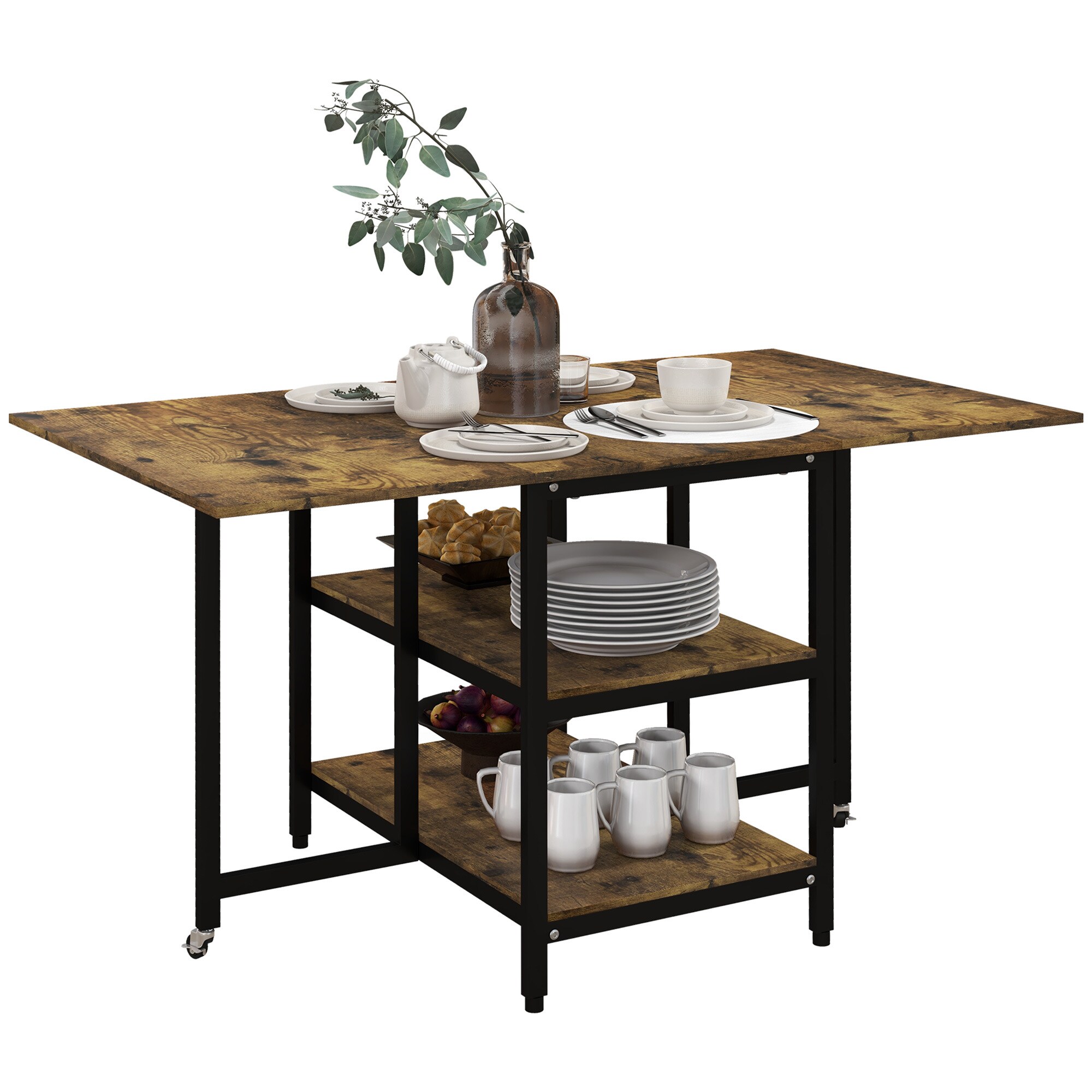 HOMCOM Klappesszimmertisch mit Rollen und 2 Ablageebenen braun 140L x 80B x 75H cm