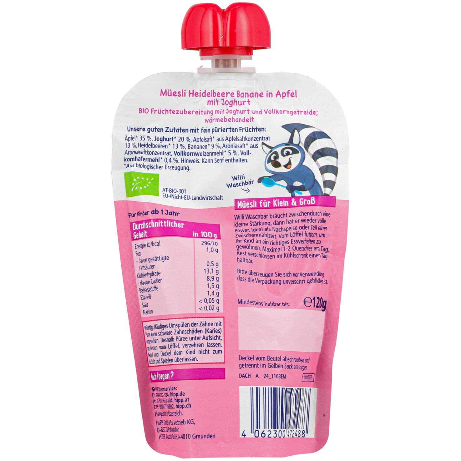 Hipp Quetschie Müesli Heidelbeere, Banane in Apfel & Joghurt 12+ Monate
