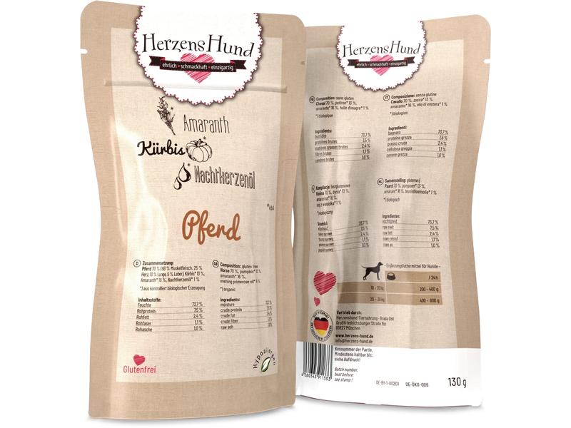 HerzensHund Nassfutter Pferd mit Bio-Gemüse, 130 g Premium Bio-Ergänzungsfuttermittel für erwachsene Hunde