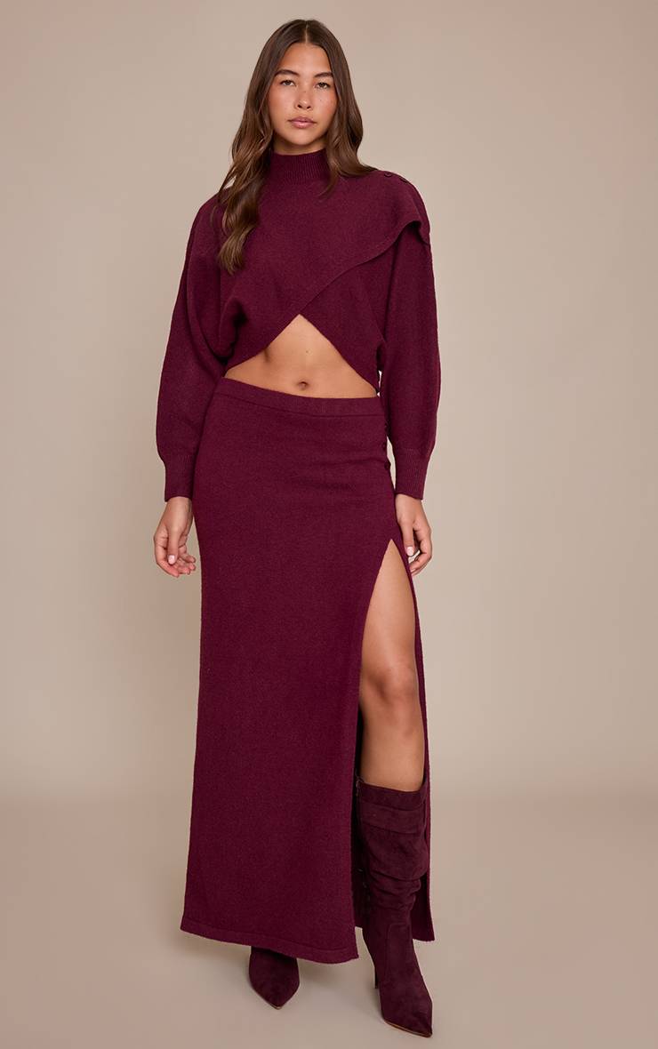 Rouge Bordeaux Jupe Longue Portefeuille En Maille