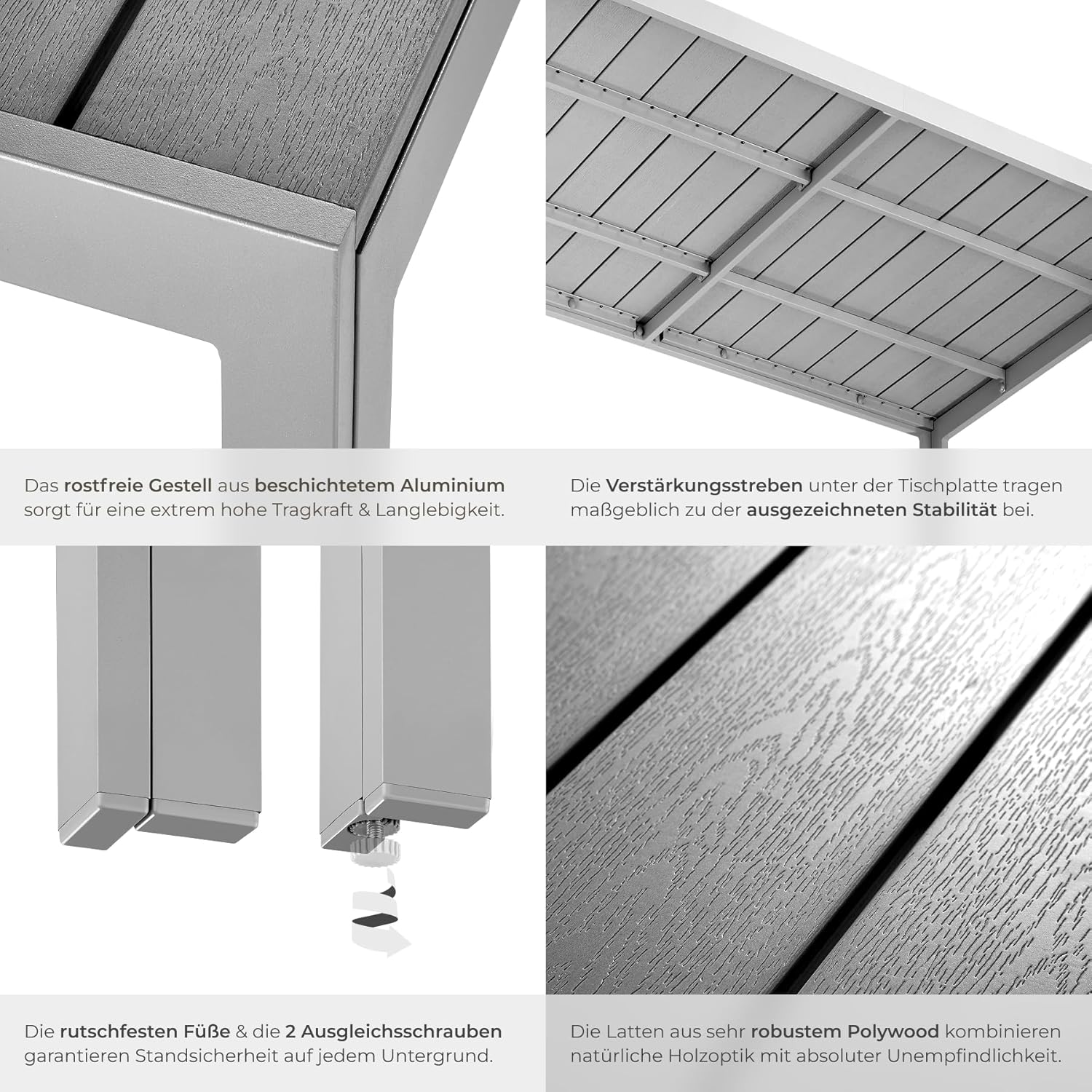 tectake® Gartentisch, Outdoor Esstisch, Balkontisch in Holz Optik, Terrassentisch mit Aluminiumrahmen, Gartenmöbel wetterfest, 150 x 90 x 74,5 cm, Tisch für Garten, Lounge, Sitzgruppe - Silber/grau