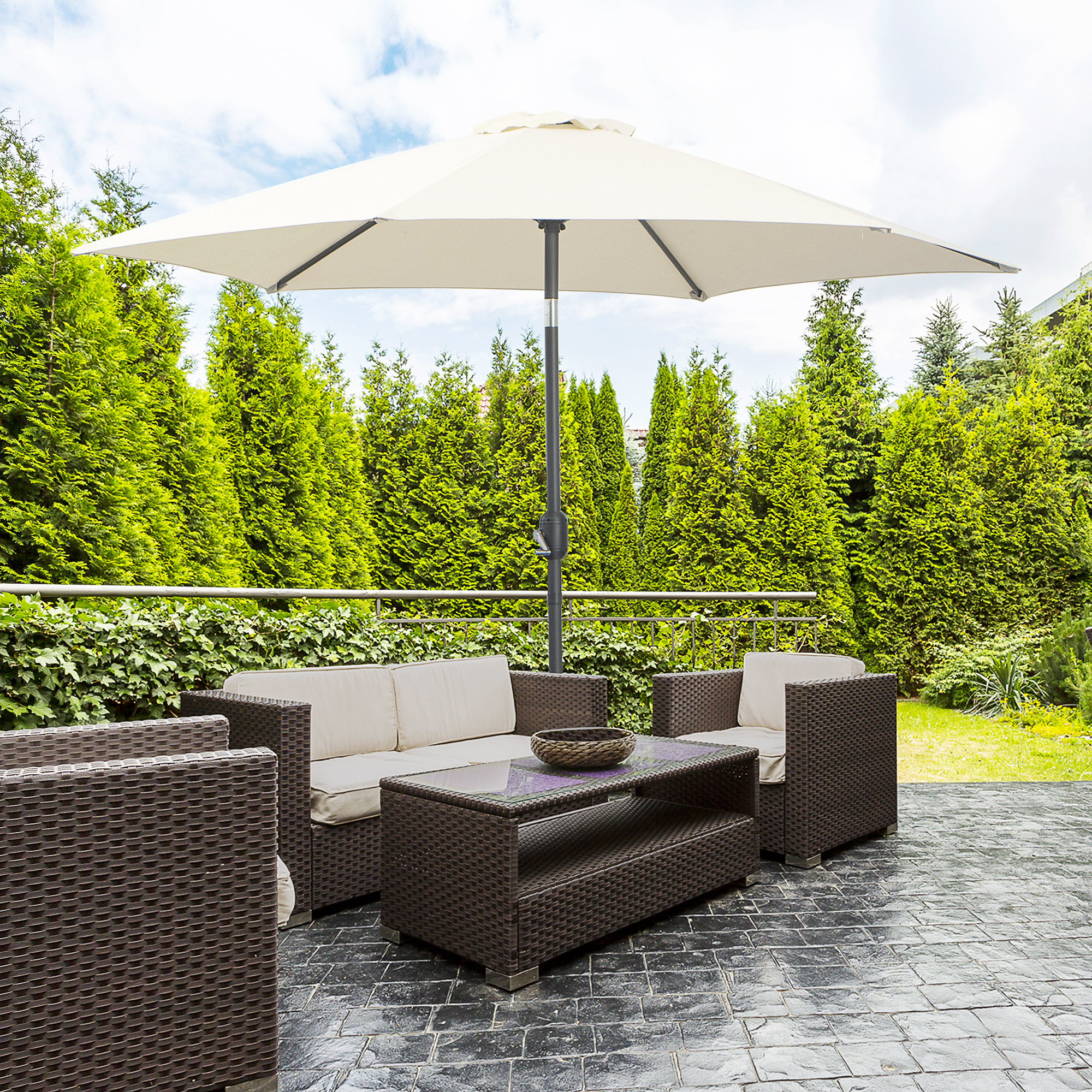 Guarda-sol de jardim Outsunny Ø260x235 cm em alumínio com manivela reclinável e 6 varetas para terraço e varanda, cor creme.