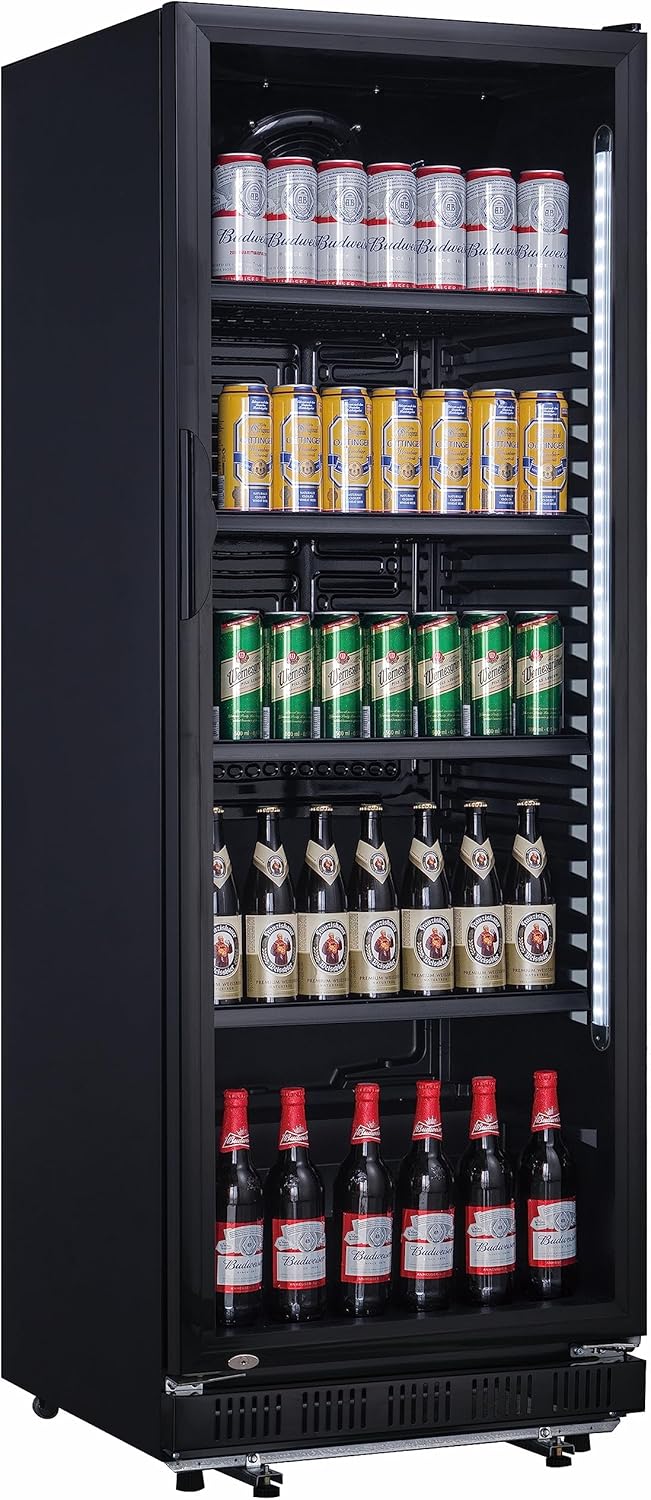 Getränkekühlschrank Flaschenkühlschrank schwarz 360 L mit Glastür abschließbar LED-Bel. 0°bis+10°C 5 Einlegeroste verstellbar