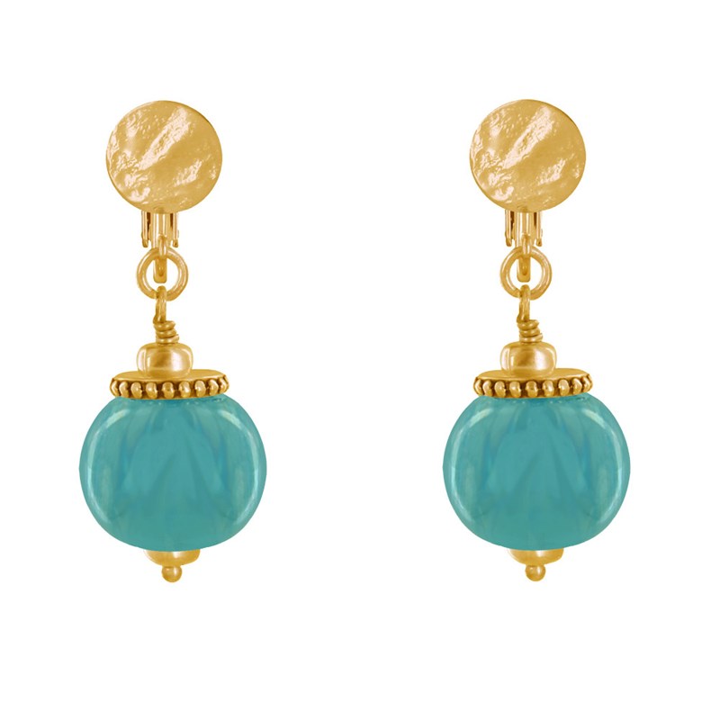Boucles d'Oreilles Clip Métal Doré et Grosses Perles en Céramique