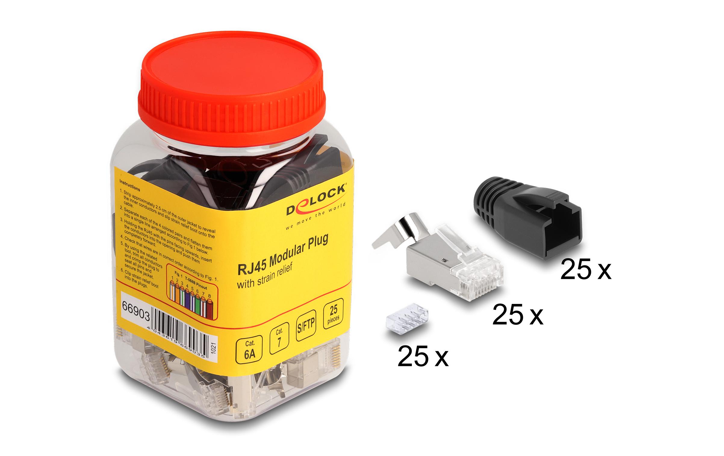 Stecker RJ45, S/FTP, Cat.6A/7 25 Stück, TransparentDelock RJ45 Modularer Stecker mit Zugentlastung Cat.6A, Cat.7 und Knickschutztülle 25er Set