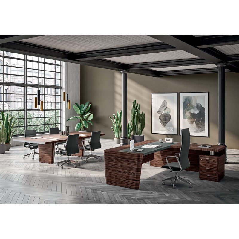 Bureau d'angle Direction Xennon finition placage bois L 190 x P 220cm avec retour sur caisson et sous-main en cuir