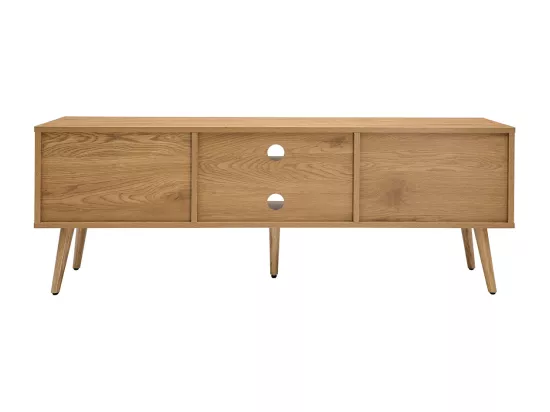 Meuble TV finition bois clair, cannage rotin et métal noir 2 portes L140 cm MANILLE