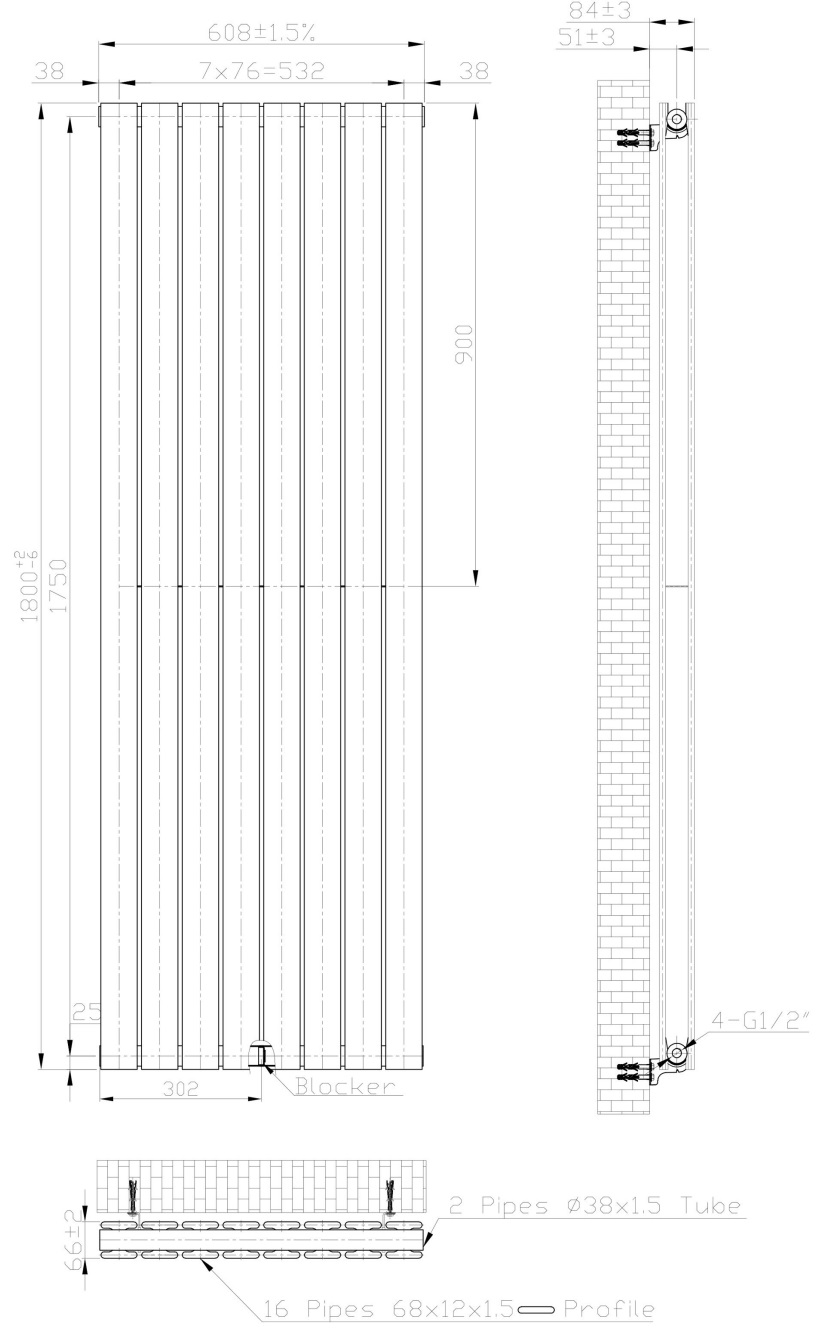Eastbrook Warrington paneelradiator type 20 60x180cm 2735W zwart mat