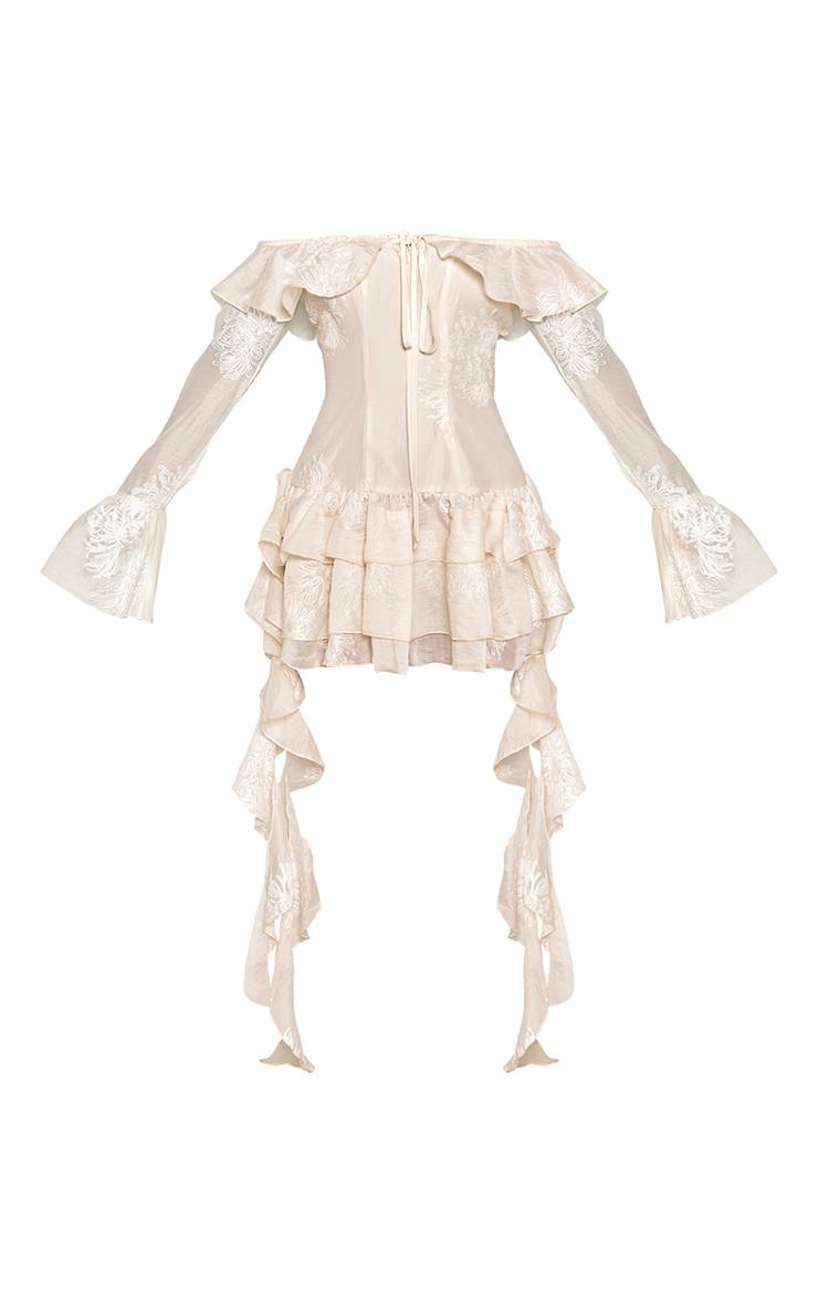 Crème Robe Mini À Manches Longues En Mousseline Brodée Avec Col Bardot Et Ourlet À Volants