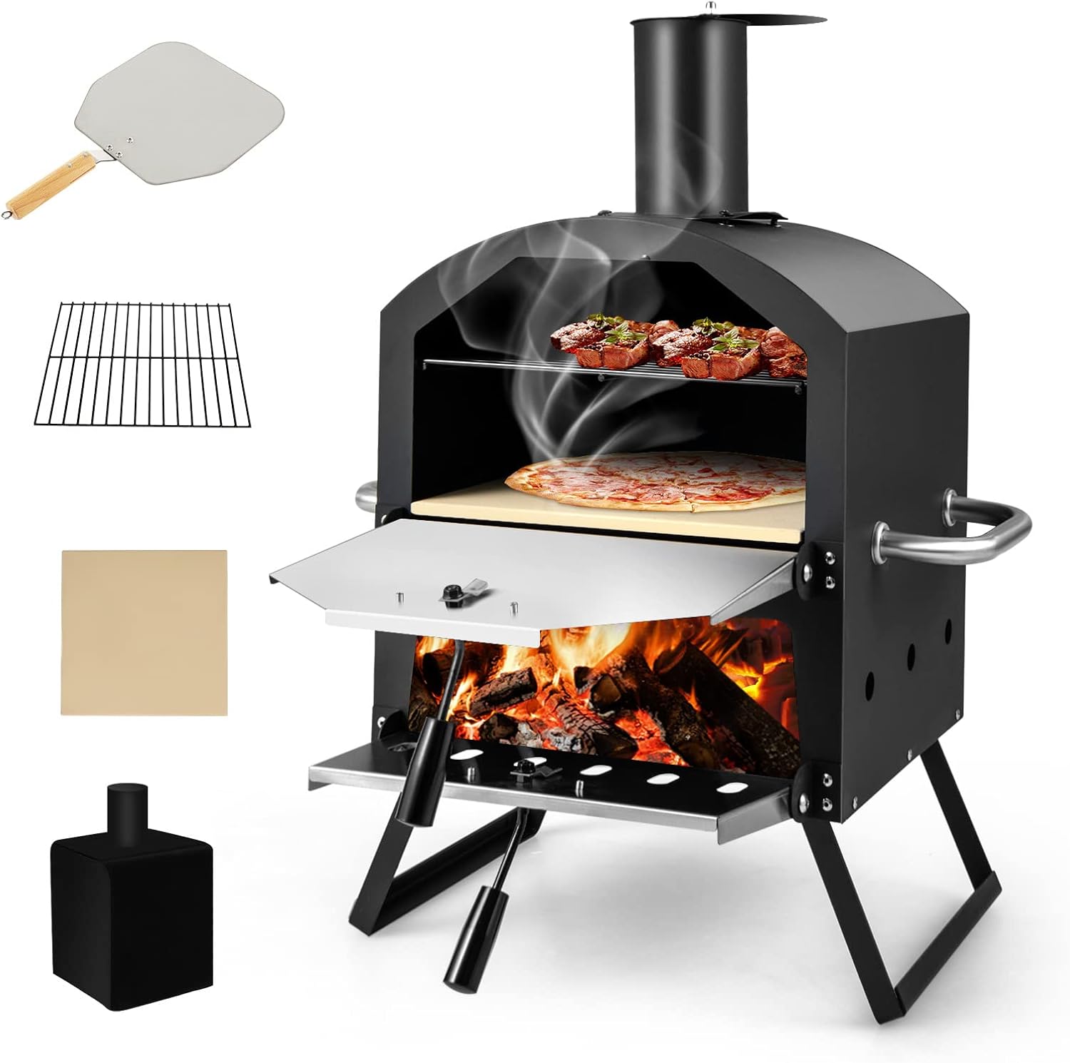 GYMAX Four à Pizza Extérieur Mini, Fours à Pizza au Bois avec Pierre à Pizza, Pelle à Pizza, Jambes Pliantes et Poignées Portables, Ventilateurs Ajustables, Couvercle Imperméable