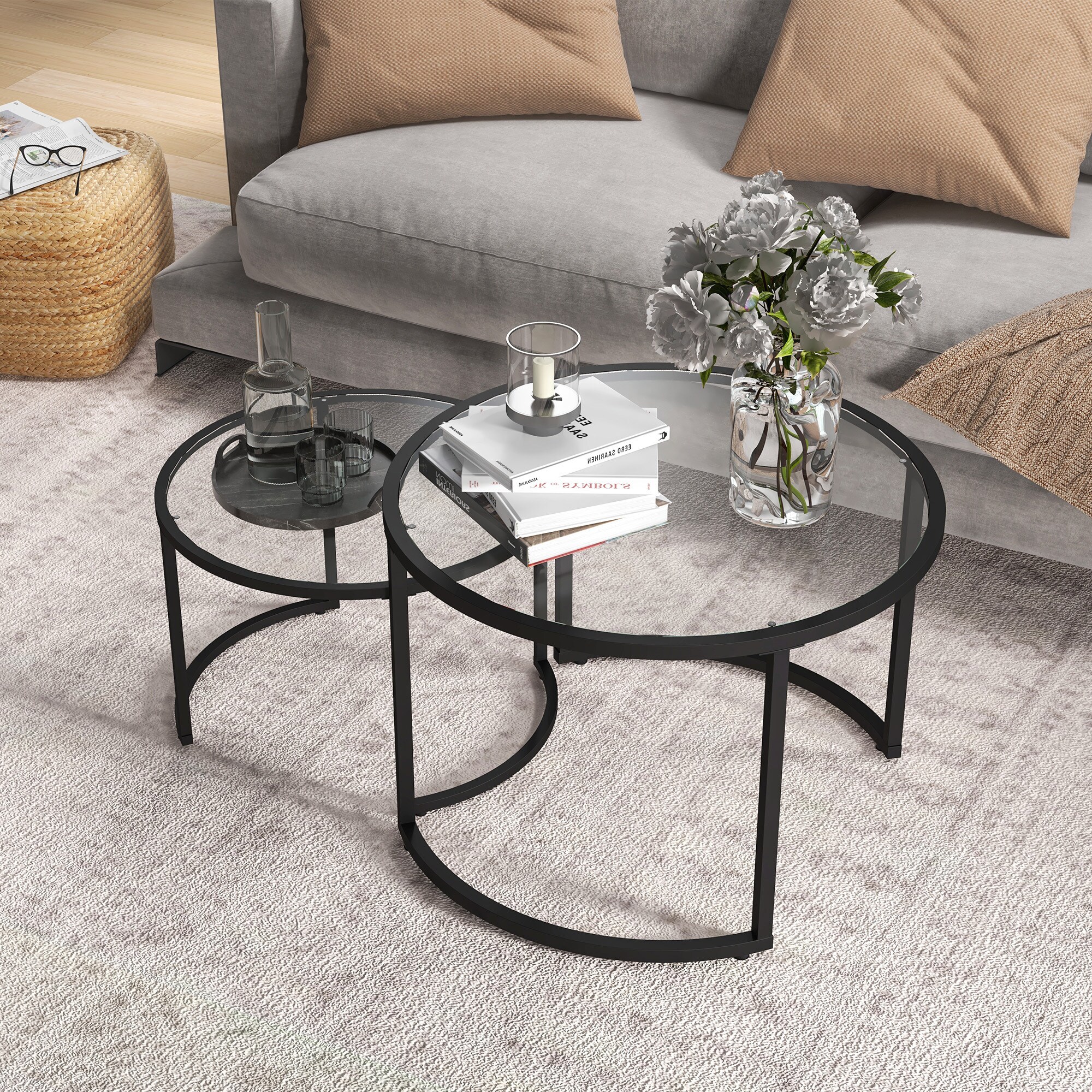 HOMCOM Couchtisch-Set mit Fußstützen schwarz 70L x 70B x 47,5H cm