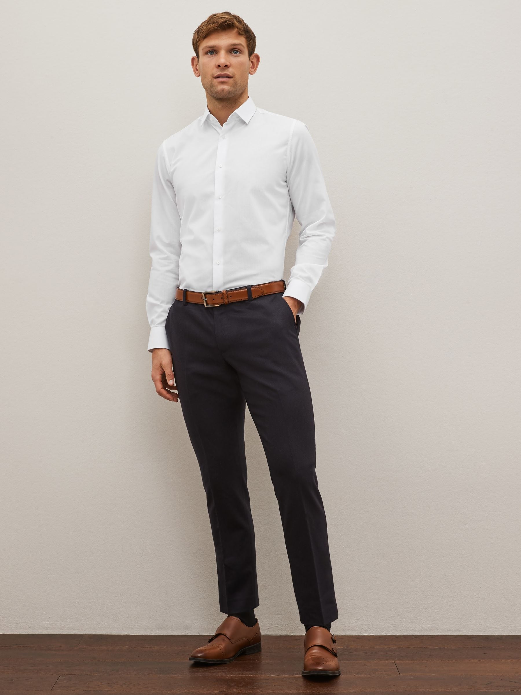 Wit - Normale Pasvorm - Onderhoudsvriendelijk, getextureerd, slim fit overhemd met enkele manchet