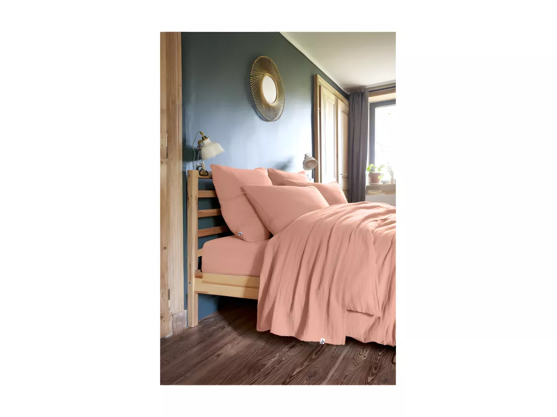 Drap plat 240 x 300 cm en double gaze de coton pêche - PEPA