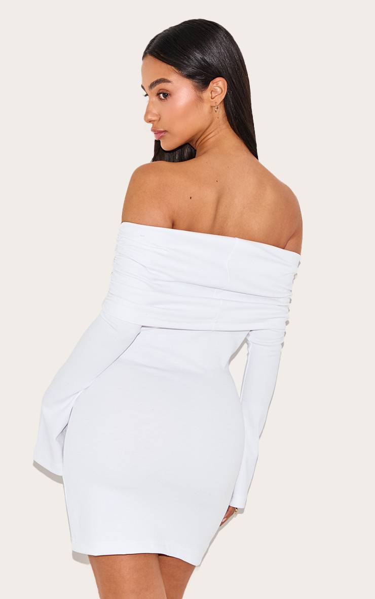Blanc Robe Courte Moulante Petite Taille À Encolure Bandeau Drapée Et Manches Longues