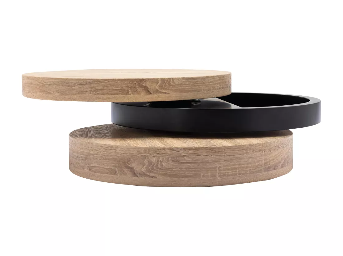Table basse pivotante ronde avec 1 niche en MDF - Noir et naturel clair - JANITA