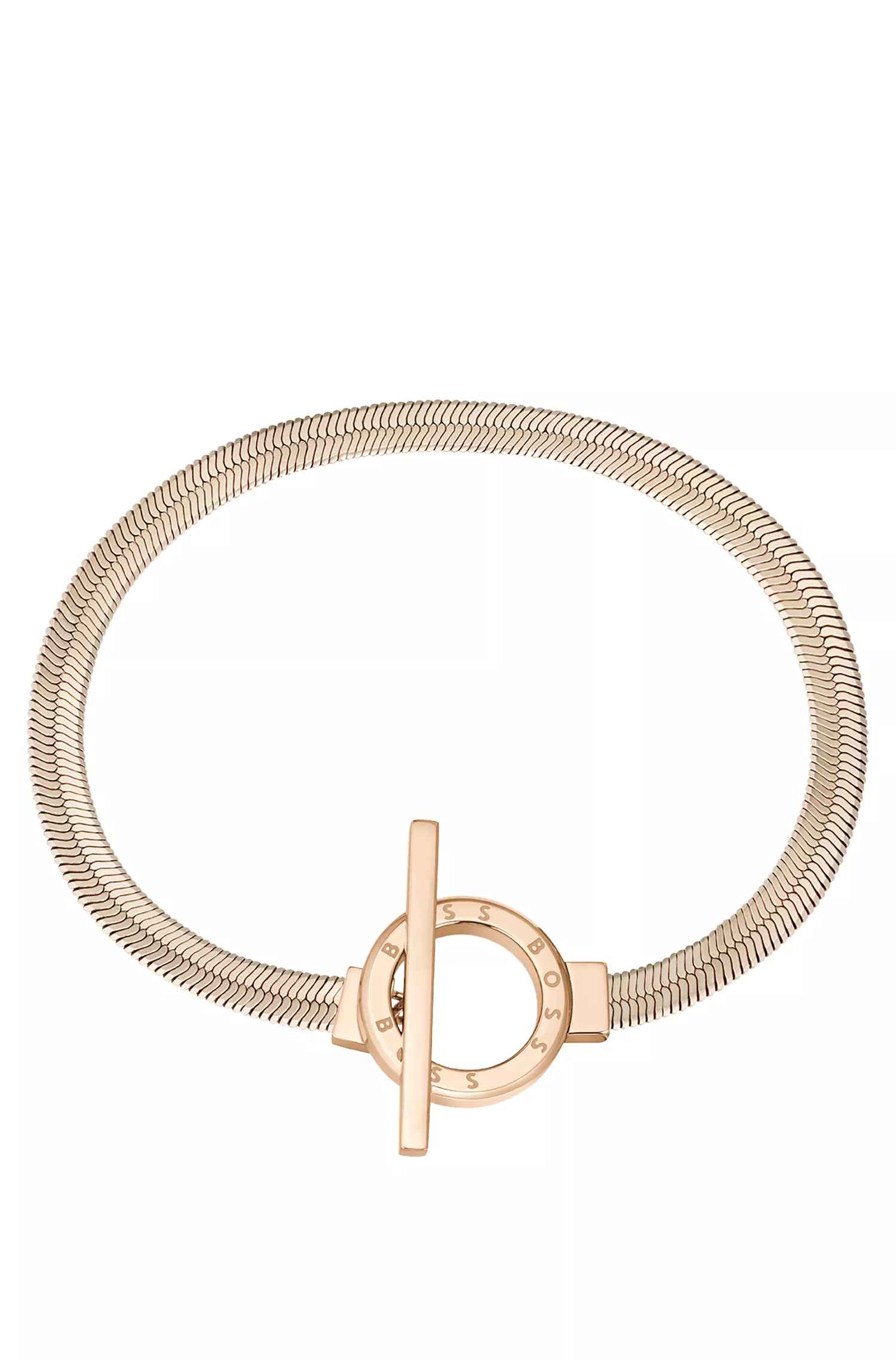 Pulseira BOSS preta com detalhes em dourado e anel com o logotipo gravado.