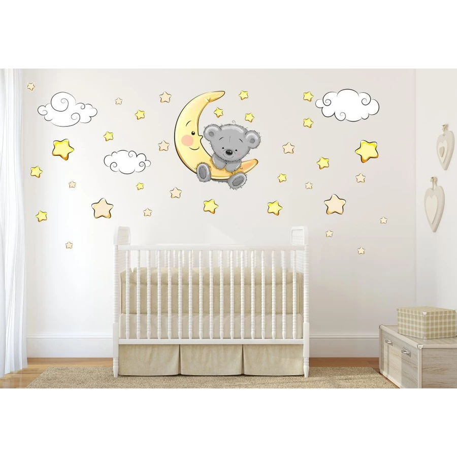 Nikima Wandtattoo 064 Wandtattoo Teddy auf Mond Wolken Sterne schläft gelb