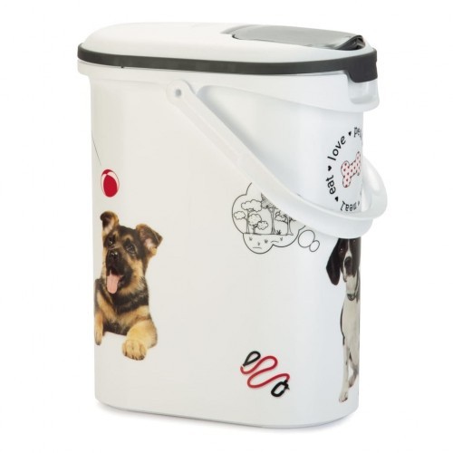 Recipiente branco para armazenar ração de cachorro com alça.