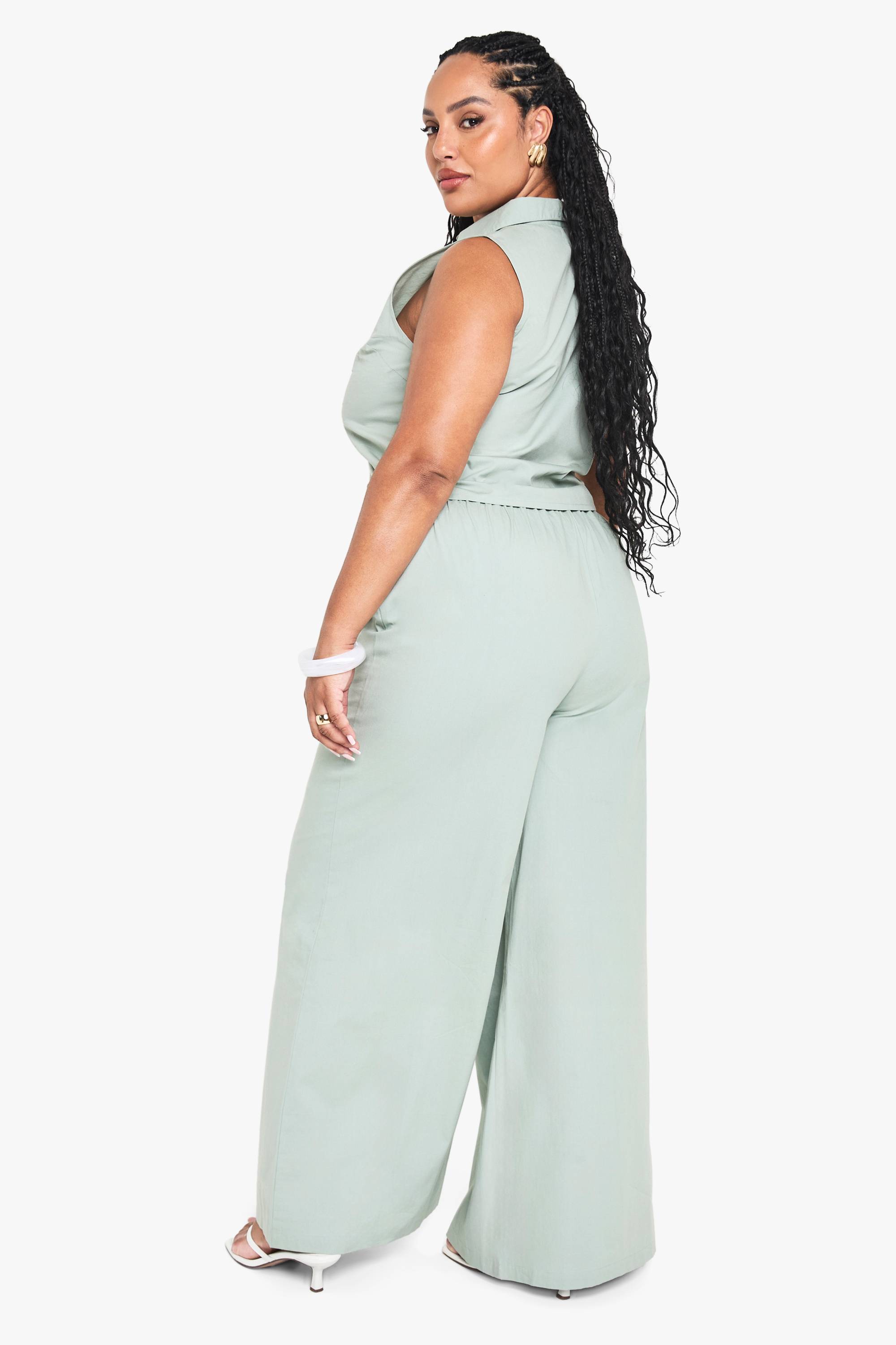 boohoo Pantalon grande taille en popeline à jambe large, avec taille à cordon de serrage