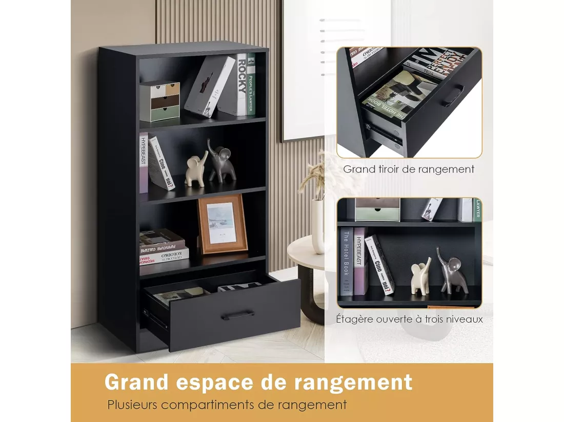 Bibliothèque étagère en bois à 4 niveaux avec grand tiroir, meuble de rangement sur pied dispositif anti