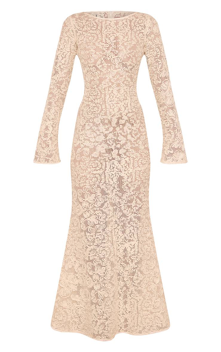 Crème Robe Longue Texturée À Manches Longues Et Encolure Bateau