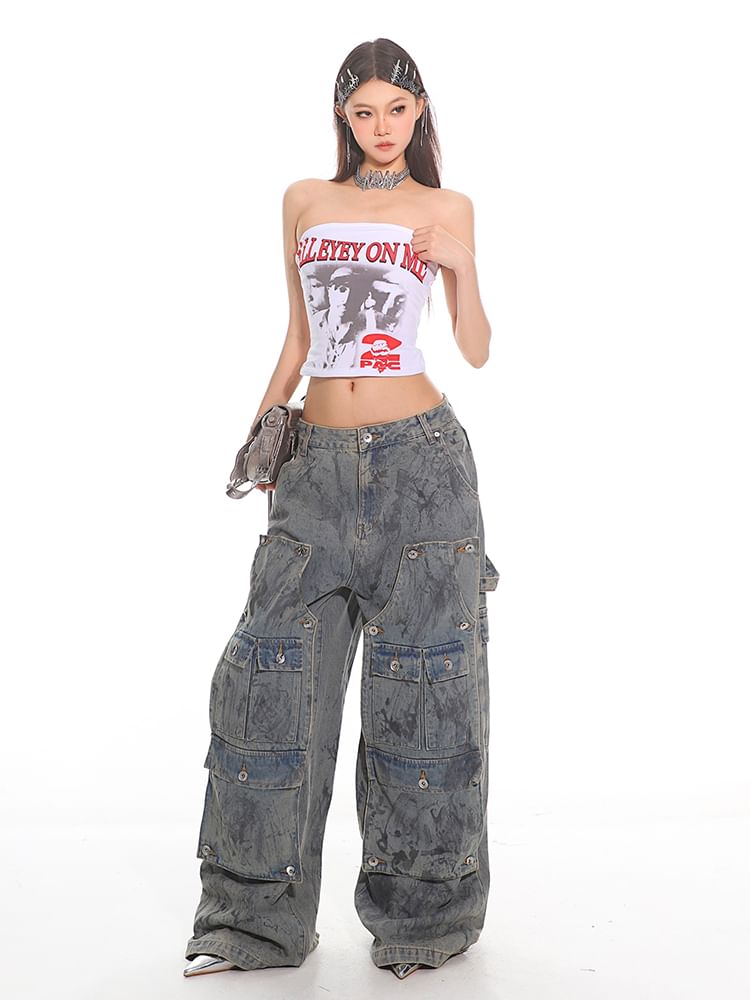 SPUCIKLEI - Lage taille patchwork gewassen wijde cargo jeans