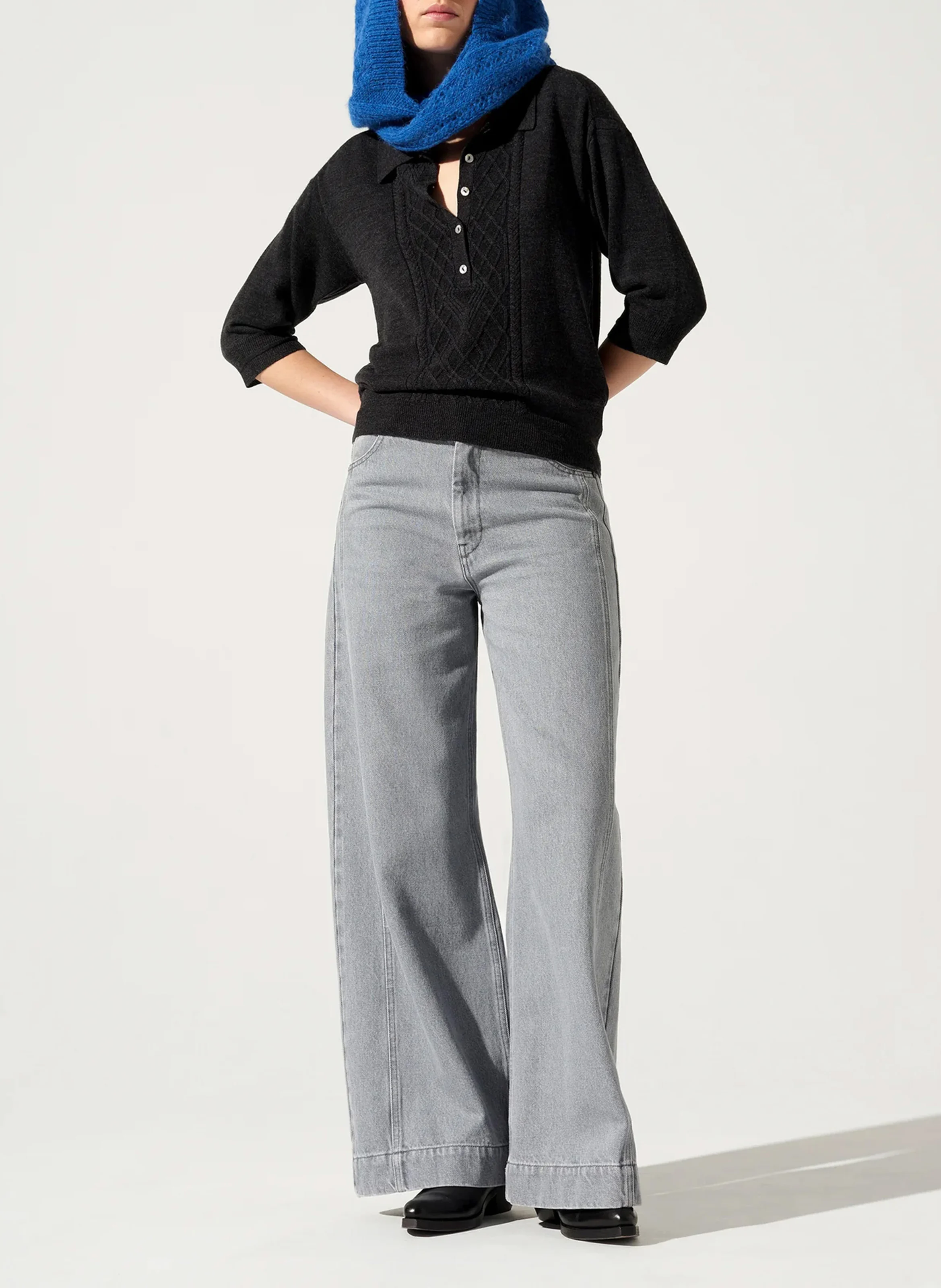 Pull col polo ample en laine | Noir