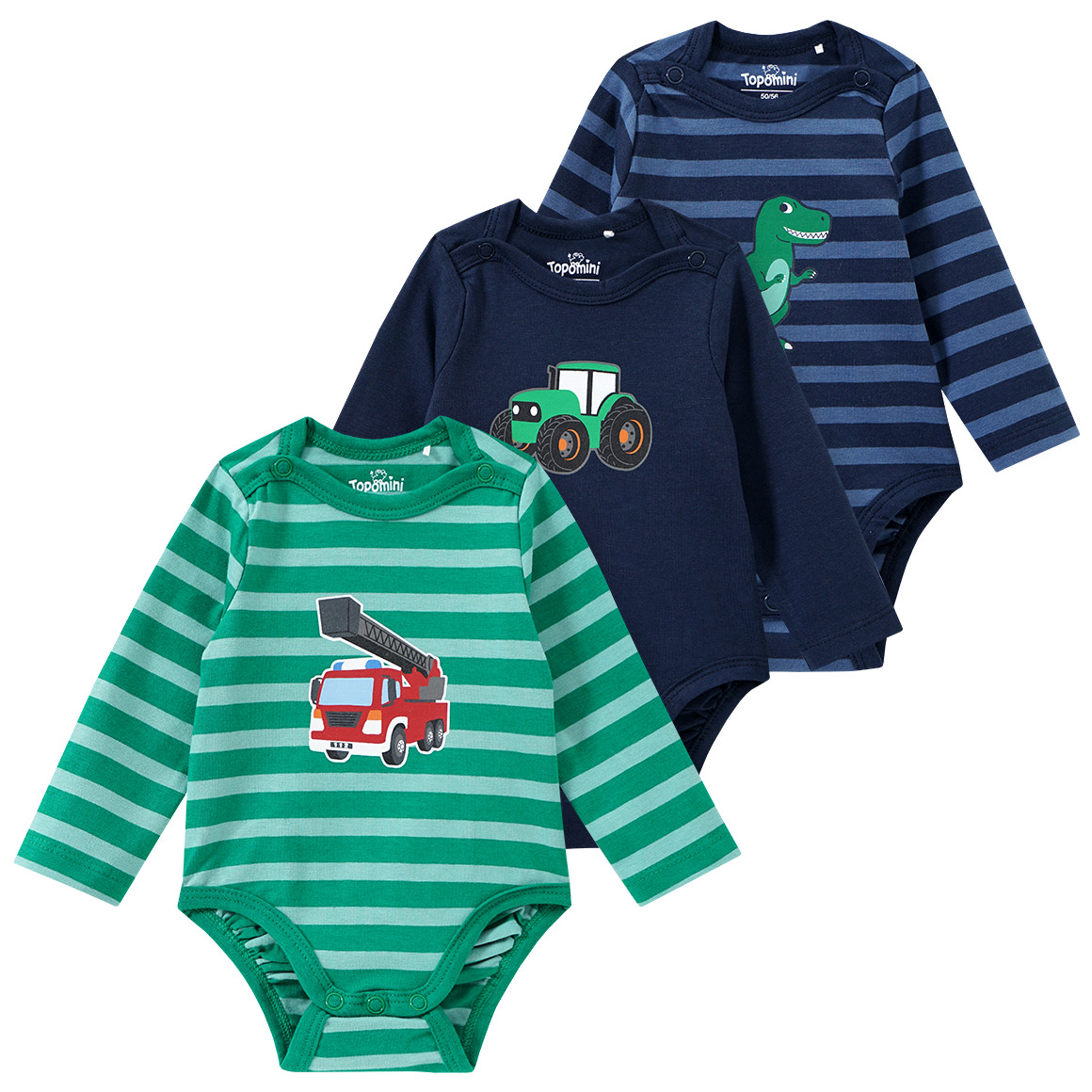 Topomini 3 Baby Langarmbodys mit verschiedenen Prints dunkelblau / blaugrau / grün