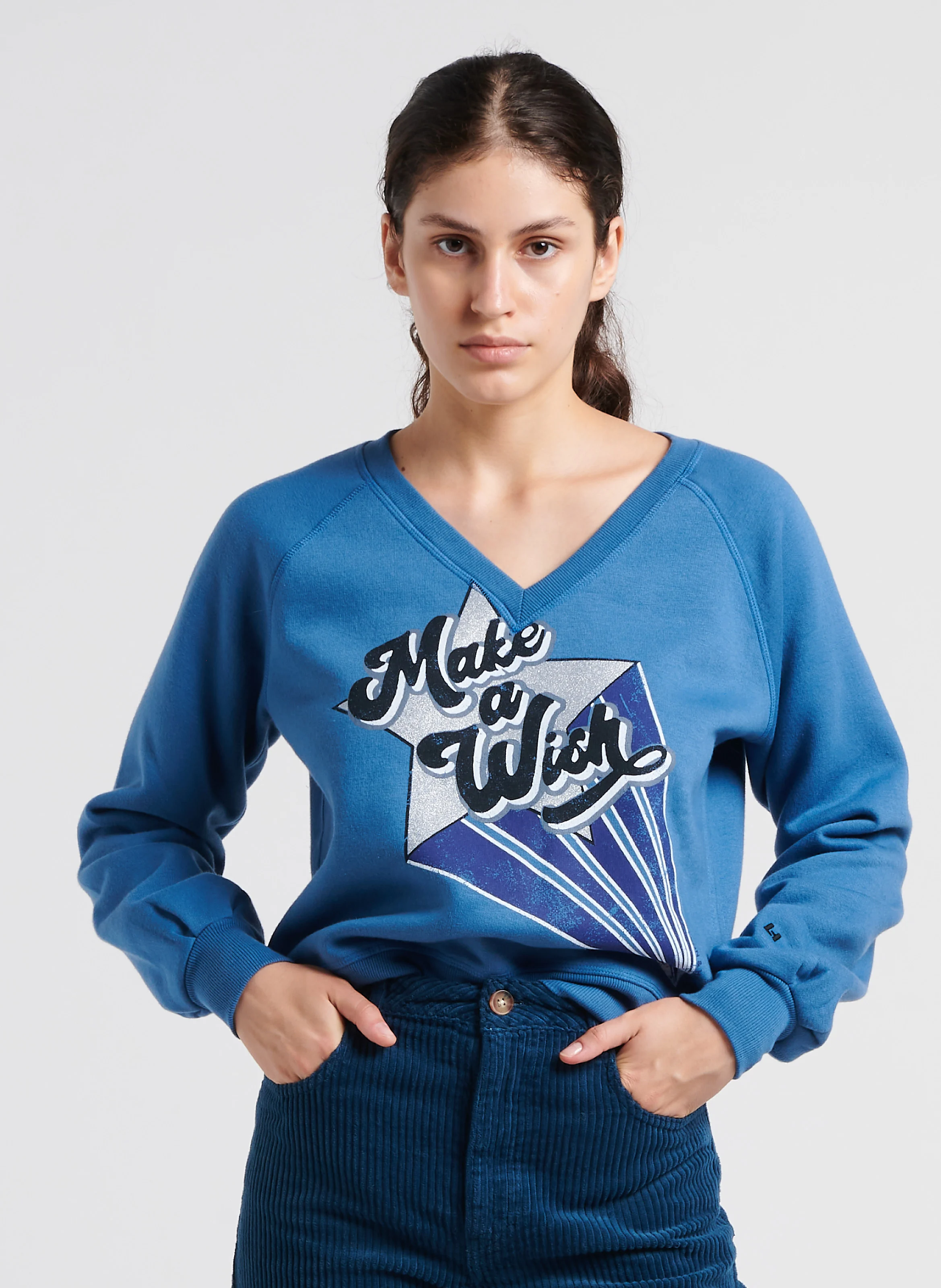 SHIVA - Sweat col V sérigraphié en coton mélangé| Bleu