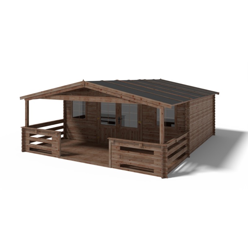 Abri de jardin en bois - 5x4 m - 30 m2 + terrasse avec balustrade et avant-toit en bois - traité