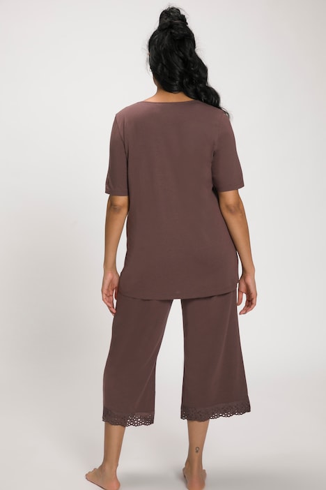 Pyjama, Lochstickerei, V-Ausschnitt, Halbarm, Modalmix