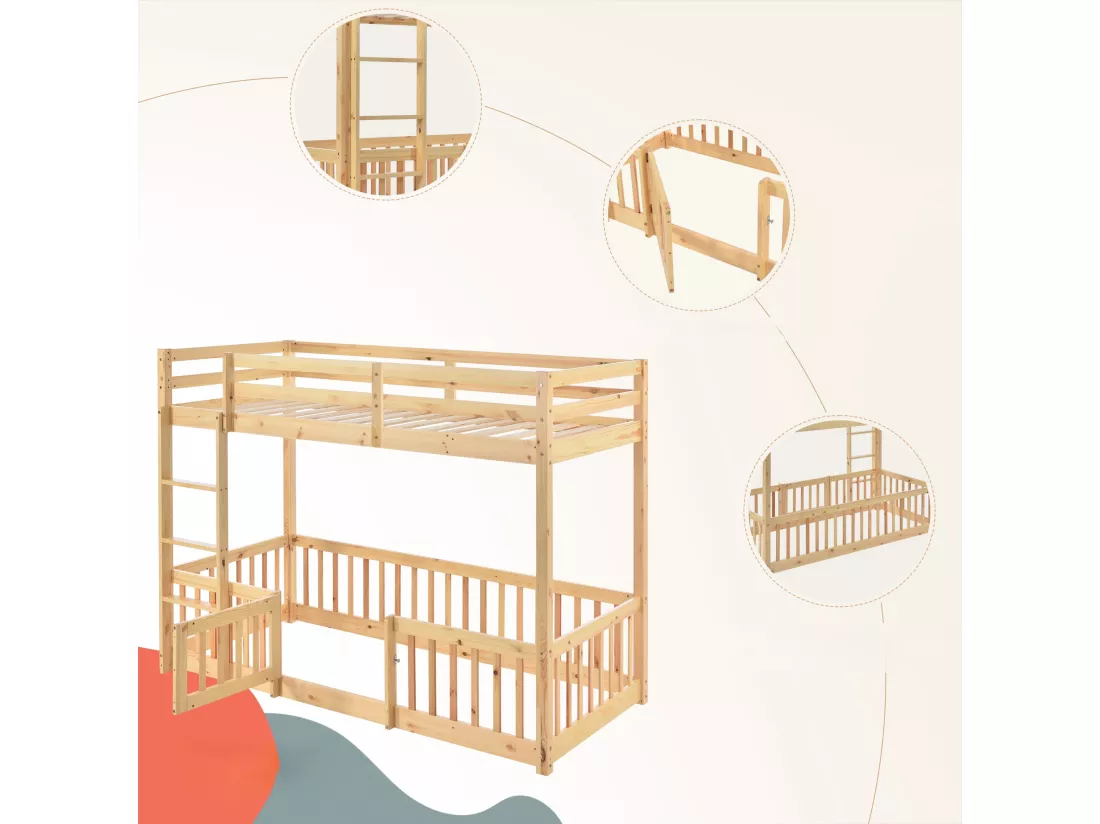 Lit superposé en bois massif - 90x200 cm - avec barrières de sécurité - Naturel