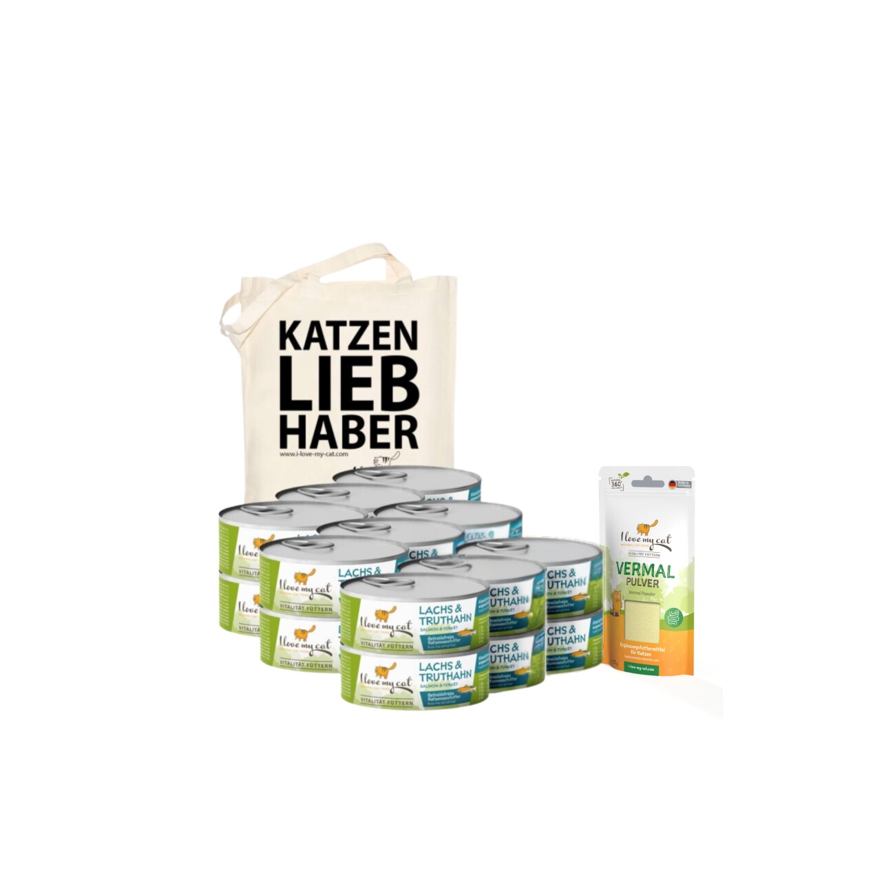 I love my cat Dealset für Katzen mit Giardien - 18 Dosen Nassfutter mit Pute und Lachs 100g + Vermal Pulver 35g + 1 Jutesack von I love my cat